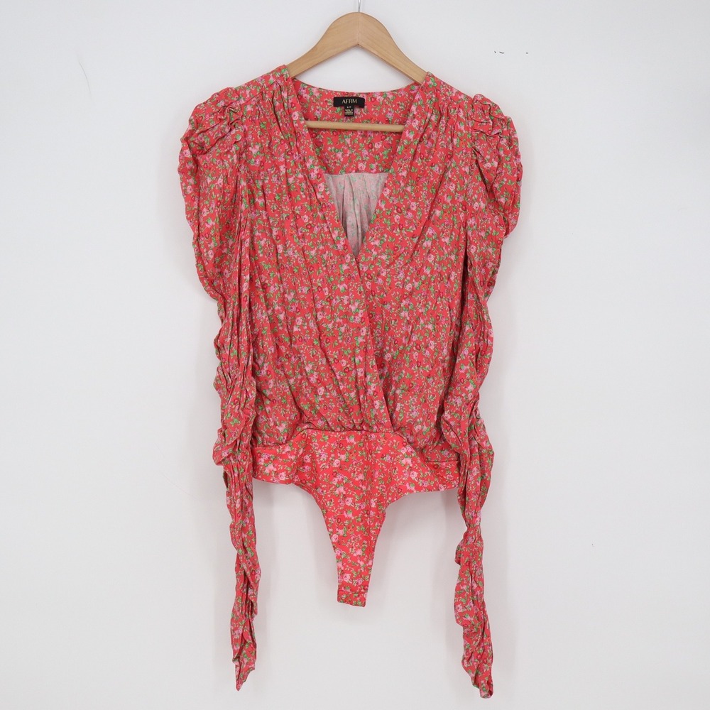 AFRM Bodysuit Womens S Red Floral Puff Ruched Long Sleeve